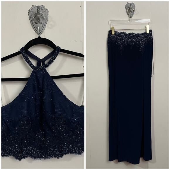 (2) Ellie Wilde Mon Cheri 10 navy blue bead prom formal crop top maxi skirt - Picture 1 of 14